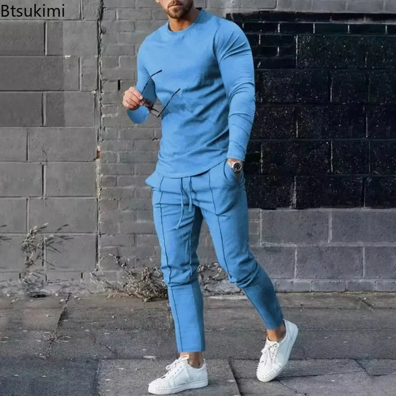 2025 Spring New Men's Casual Sport Two-pieces Fashion Solid Long Sleeve O-neck T-shirt and Sweatpants Suits Men Tracksuit Outfit