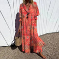 New Women's V-neck Single Breasted Shirt Dress Casual Loose Bohemian Long Dress 2025 Retro Pattern Printed Loose Vacation Dress