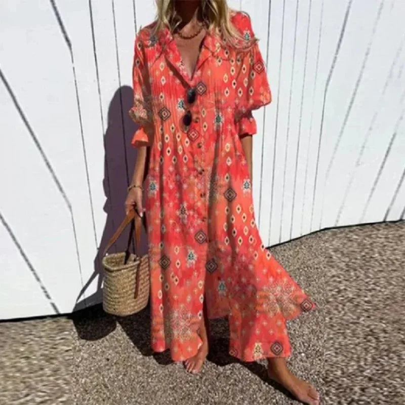 New Women's V-neck Single Breasted Shirt Dress Casual Loose Bohemian Long Dress 2025 Retro Pattern Printed Loose Vacation Dress