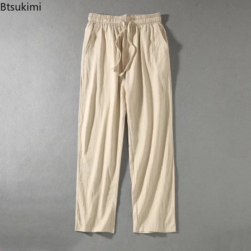 Plus Size 8XL 9XL Pants Men's Solid Cotton Linen Loose Casual Trouser Fashion Drawstring Straight Joggers Vintage Sweatpants Men
