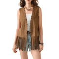 Women s Tassel Sleeveless Vest Rivet Open Front Sleeveless Long Jacket Hippie Streetwear