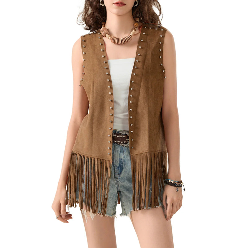 Women s Tassel Sleeveless Vest Rivet Open Front Sleeveless Long Jacket Hippie Streetwear