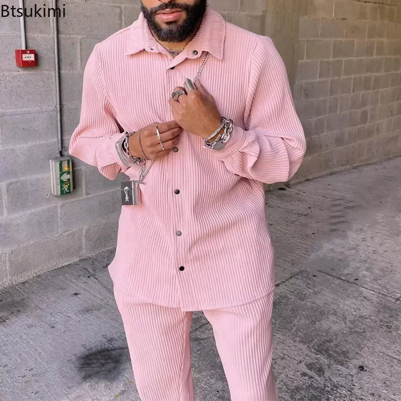 2025 Men's Casual Long Sleeve Two Piece Sets Pink Turn-down Collar Ribbed Corduroy Shirts and Pants Sets Men's 2PCS Outfits Sets