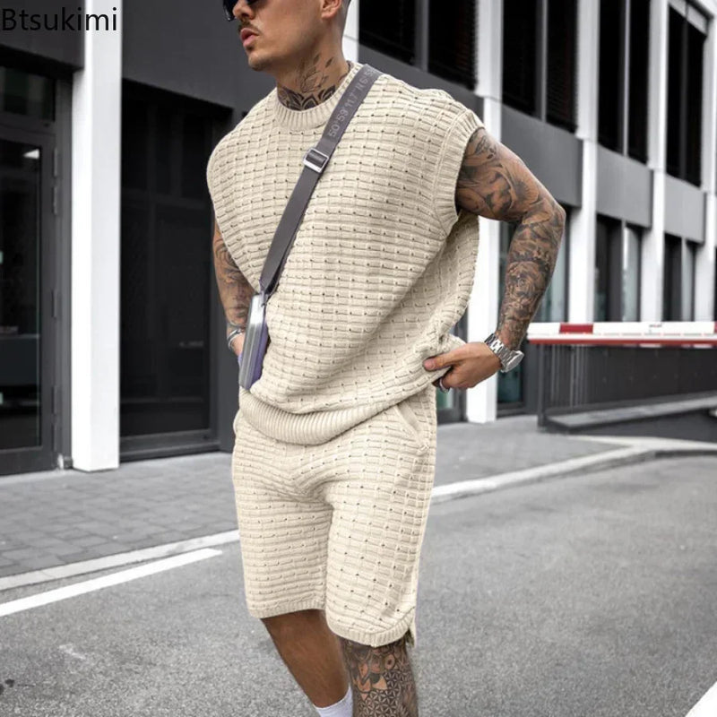 New 2025 Men's Two Pieces Casual Sets for Summer Solid Sleeveless Tops Shirts and Shorts Sets Male Streetwear Tracksuit Sets Men