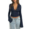 New Fashion Women's Fall Sexy Tops Slim Lace Trim Deep V Neck Bell Sleeve Crop Shirt Casual Streetwear