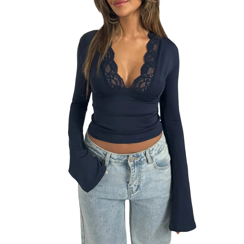 New Fashion Women's Fall Sexy Tops Slim Lace Trim Deep V Neck Bell Sleeve Crop Shirt Casual Streetwear