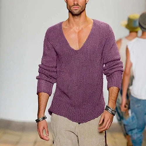 Oversized Loose Knitted Thin Sweaters for Men Fashion V-neck Long Sleeved Casual Knit Pullover Tops Men's Versatile Sweater Tops