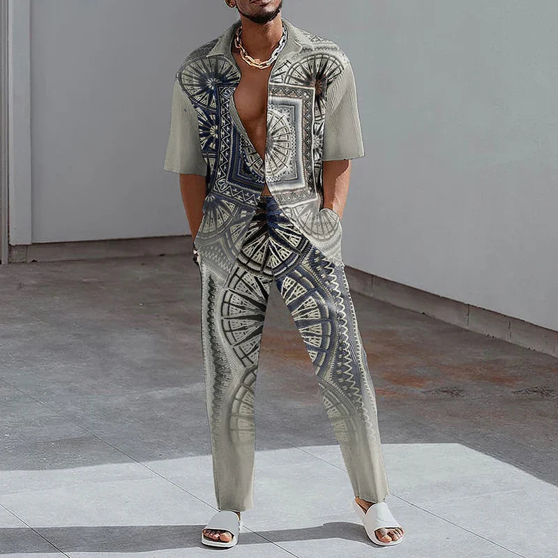 2023 Fashion Print Two Piece Set Men Lapel Button Short Sleeve Shirt And Straight Pants Suit Men Summer Casual Clothes