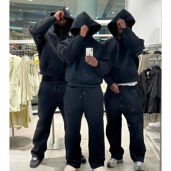 2025 European and American casual simple couple fashion hooded sweatshirt solid color loose sweatshirt sweatpants