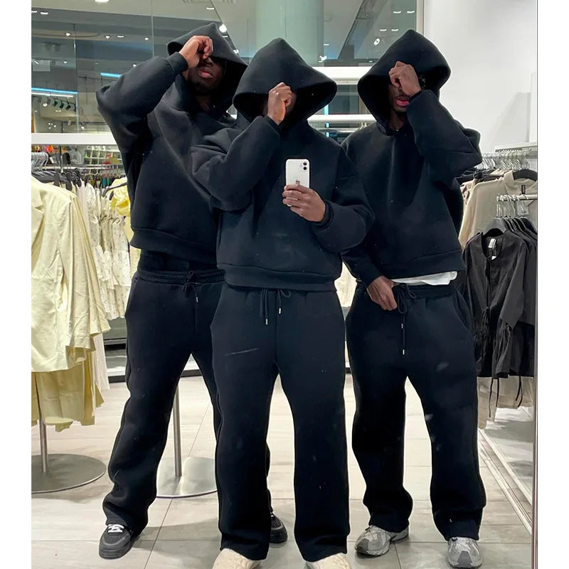 2025 European and American casual simple couple fashion hooded sweatshirt solid color loose sweatshirt sweatpants