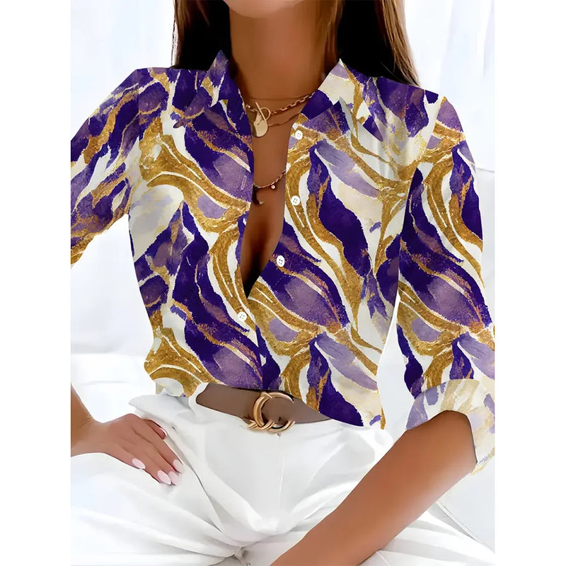 Women's Fashionable New Long-Sleeved Shirt 3d Stripe Print Single-Breasted Shirt Tops Autumn Comfortable Button Shirts Plus Size