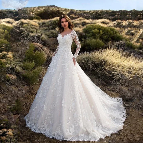 European American Style Women's White Dress Lace Embroidered Evening Dress 3/4 Sleeves Off-shoulder Bridal Gown Long