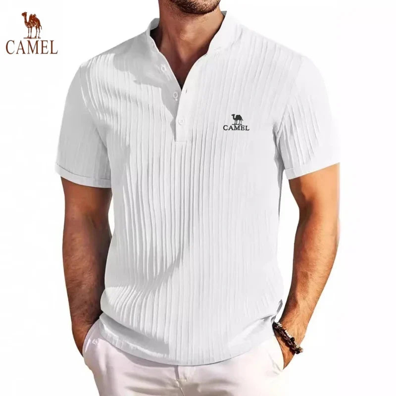 New High-end Embroidered Cotton and Linen Striped Henry Shirt for Men's Summer Casual Fashion Comfortable Breathable T-shirt Top