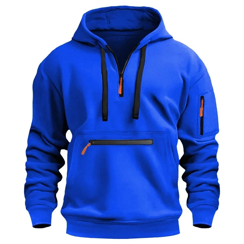 Men's hooded drawstring zipper pocket autumn and winter Hoodies fashion casual daily street solid color plus cashmere warm Tops