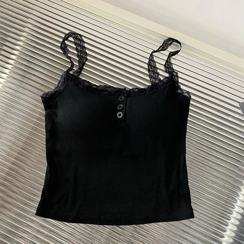 Summer Lace Strap Patchwork Camisole Women Solid Color Sleeveless Buttons Tank Top
