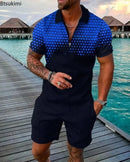 2025 Trend Men Streetwear Fashion Half Zip Polo Shirts+shorts 2 PCS Sets Men's 3D Digital Print Casual Suit New Male Tracksuits