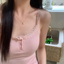 Summer Lace Strap Patchwork Camisole Women Solid Color Sleeveless Buttons Tank Top