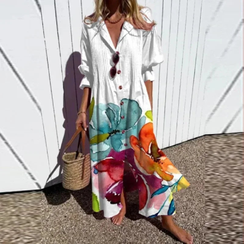 New Women's V-neck Single Breasted Shirt Dress Casual Loose Bohemian Long Dress 2025 Retro Pattern Printed Loose Vacation Dress