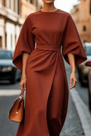 2025 Spring Summer New Women's Fashion Style Elegant Solid Color Waist Dress Casual Bat Sleeve Long Dress Vestidos Para Mujer