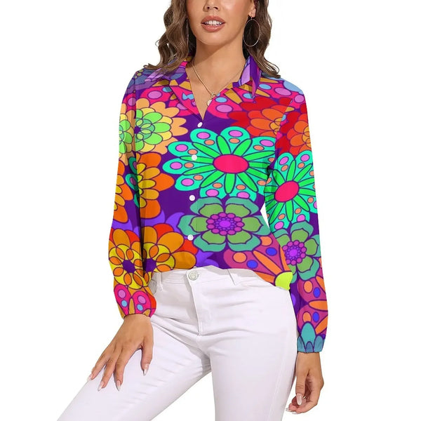 Bright Flower Power Blouse Retro Hippy Flowers Trendy Printed Blouses Female Long Sleeve Casual Shirts Spring Oversized Clothing
