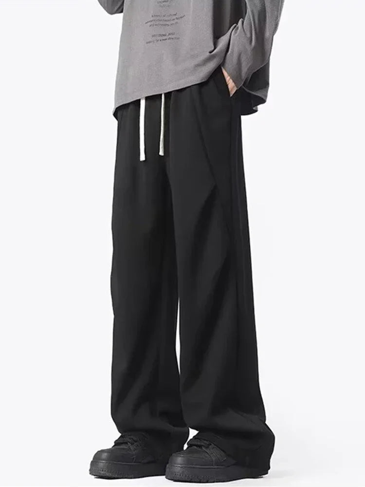 New Korean Fashion Pleated Wide-leg Sweatpants For Men Hip Hop Solid Color Baggy Pants Y2K Streetwear Gray Straight Trousers