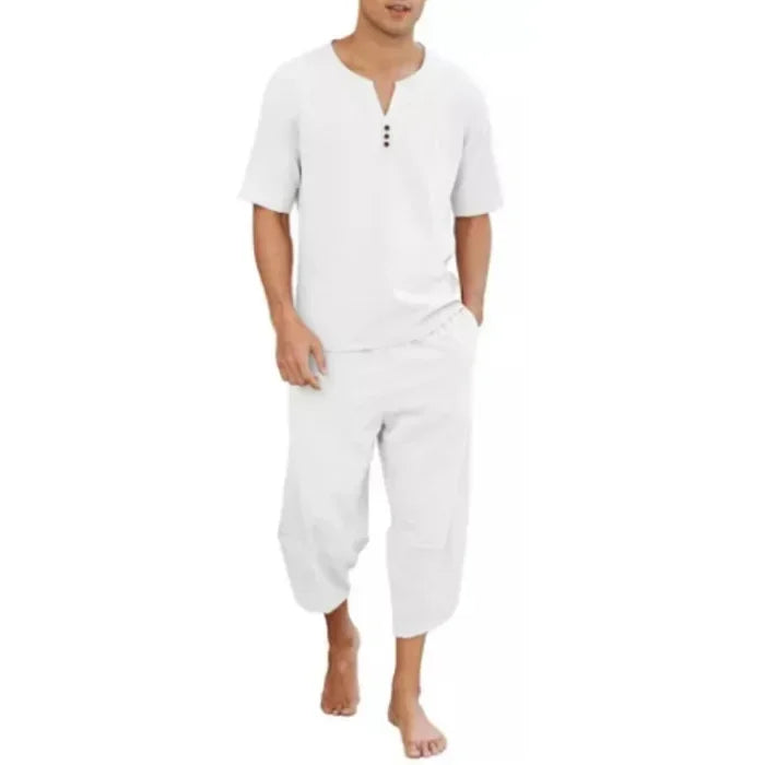 2025 Men's Hip Hop Cotton Linen Sets Comfort Breathable Men Casual Sport 2 PCS Sets Fashion V-neck Short Sleeve Tops+Pants Suit