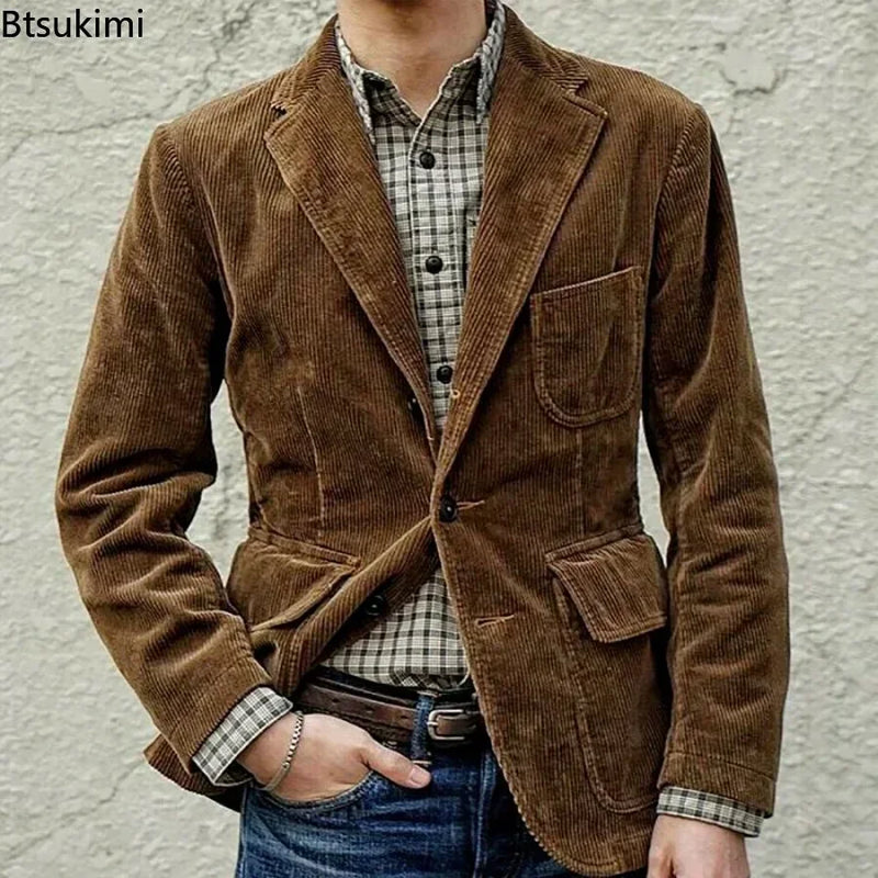 2025 Autumn Winter Men's Coat Jackets Corduroy Casual Suits With Shoulder Pads Fashion Lapel Long-Sleeved Solid Jacket Models