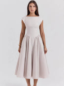 Elegant Solid Women Maxi Dress Fashion Sleeveless Round Neck Retract Waist A Line Pleated Robe 2025 New Lady Party Evening Gown