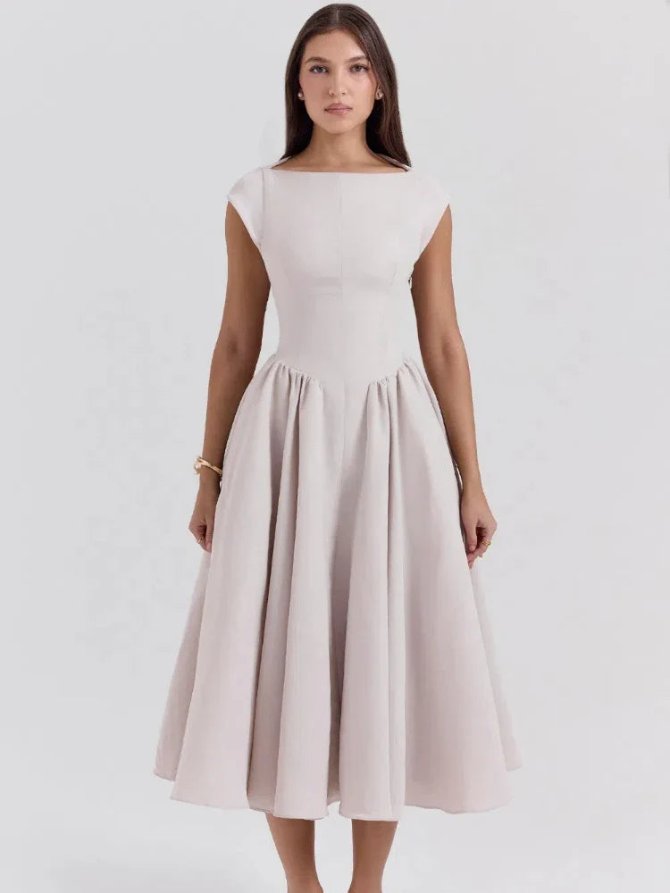 Elegant Solid Women Maxi Dress Fashion Sleeveless Round Neck Retract Waist A Line Pleated Robe 2025 New Lady Party Evening Gown