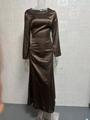 Fashionable new round neck long sleeved lace up solid color elegant waist cinching dress