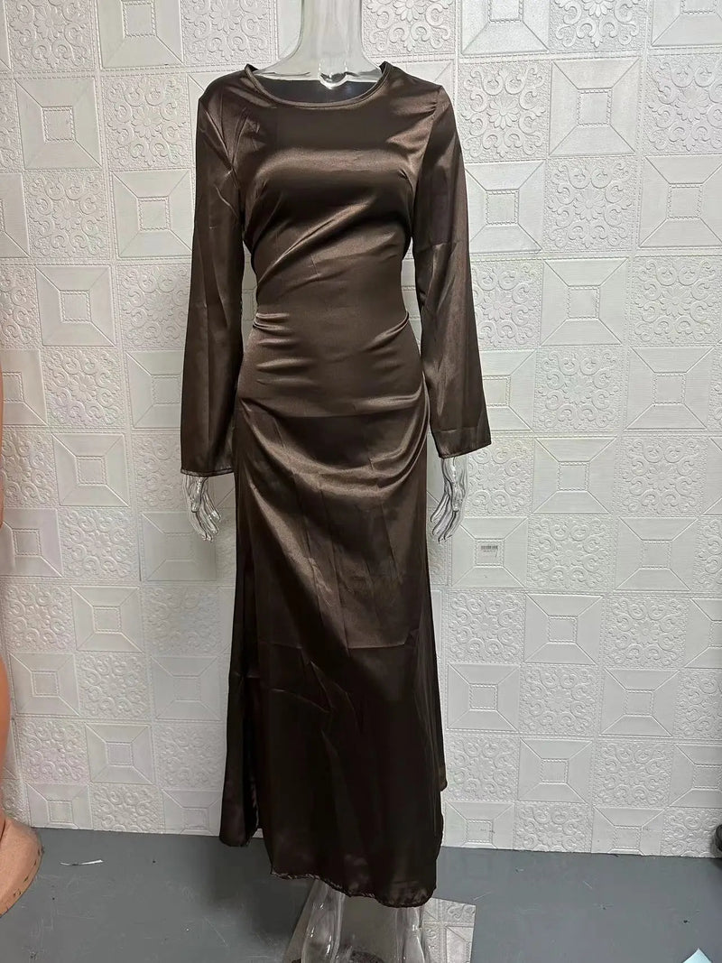 Fashionable new round neck long sleeved lace up solid color elegant waist cinching dress