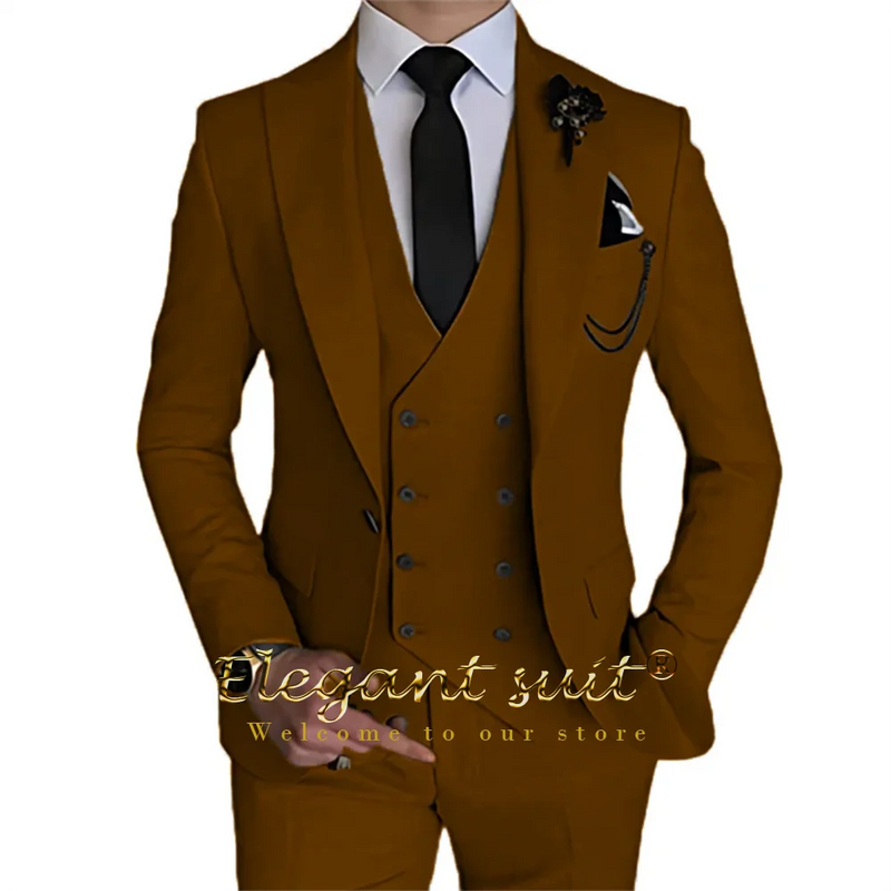 Men's Khaki Formal 3 Piece Groomsmen Wedding Elegant Tuxedo Suit with Fitted Lapel (blazer + vest + pants)