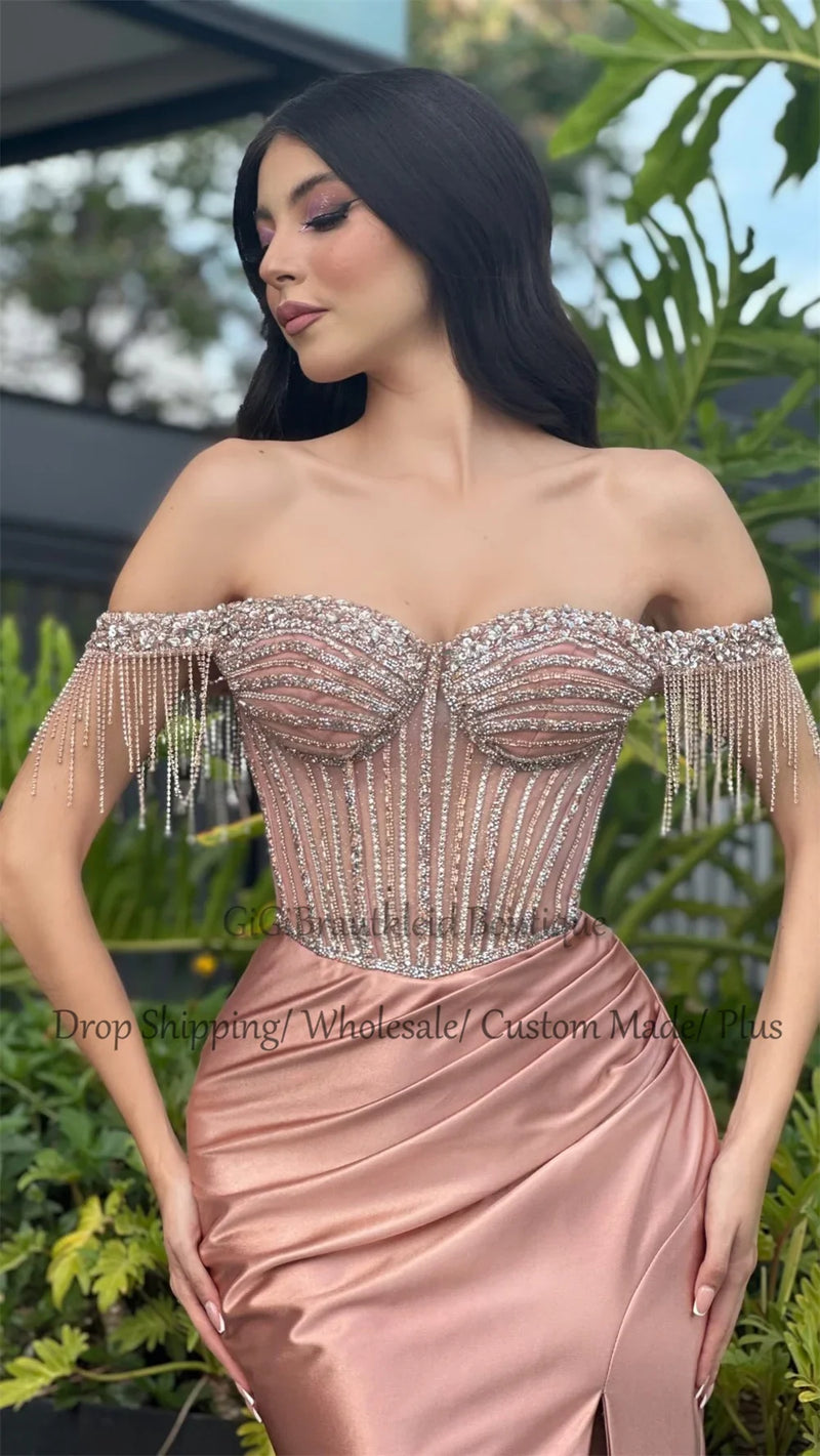 GiGiBraut Fancy Satin Prom Dress For Women Mermaid Pleated Slit Crystals Evening Gowns Vestido De Formatura Party Customised