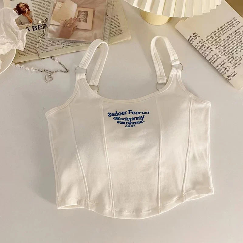 Women Embroid Letter Tank Tops With Bra Pad Casual Camis Y2K Crop Tops For Women Shoulder Belt Iron Ring Tank Tops