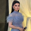 Customized Sparkling Baby Blue Evening Dresses Middle East 2024 Prom Party Gown Short Sleeves Feathers Wedding Guest Gown Sequin