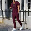 The new 2025 AliExpress Men's casual solid color Waffle rope short-sleeved summer casual pants suit