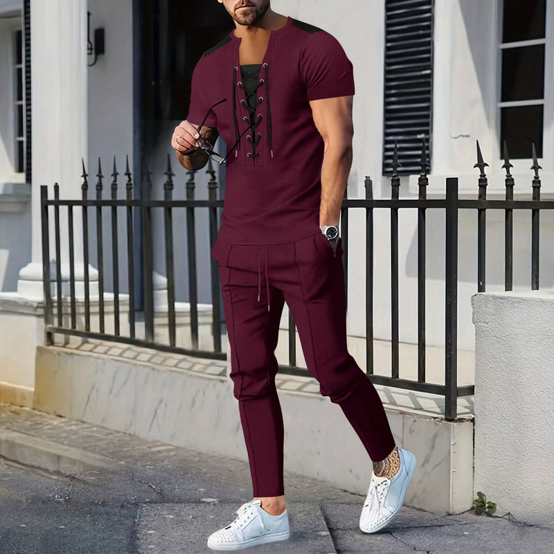 The new 2025 AliExpress Men's casual solid color Waffle rope short-sleeved summer casual pants suit