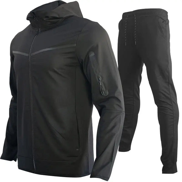 Men's Autumn-Winter Full Set with Hood Sports Jacket ,Sweatshirt Long Sleeves Pants Color-blocked Open Cardigan TightHoodie Suit