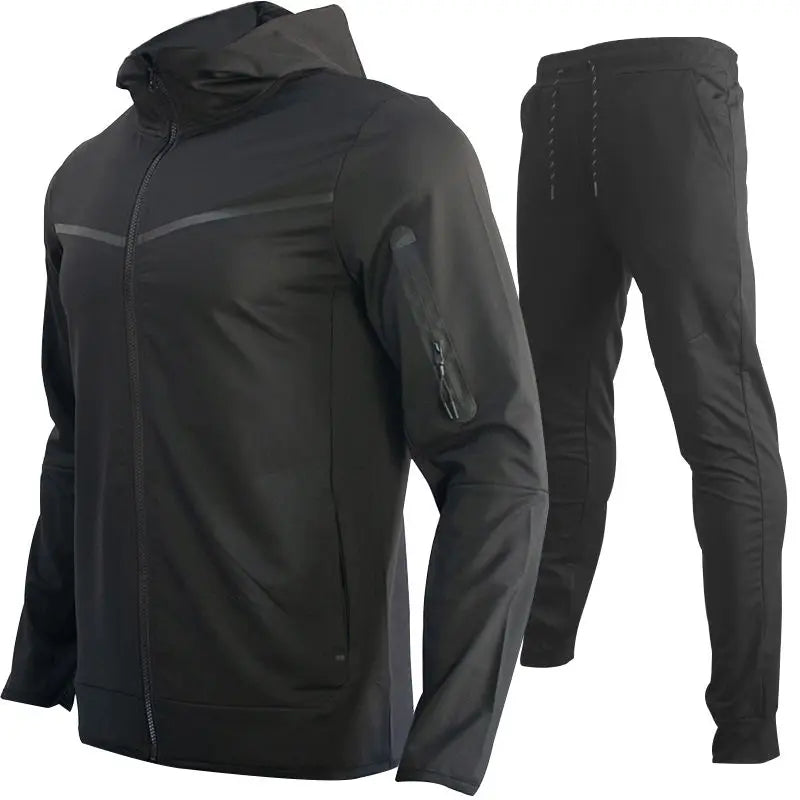 Men's Autumn-Winter Full Set with Hood Sports Jacket ,Sweatshirt Long Sleeves Pants Color-blocked Open Cardigan TightHoodie Suit