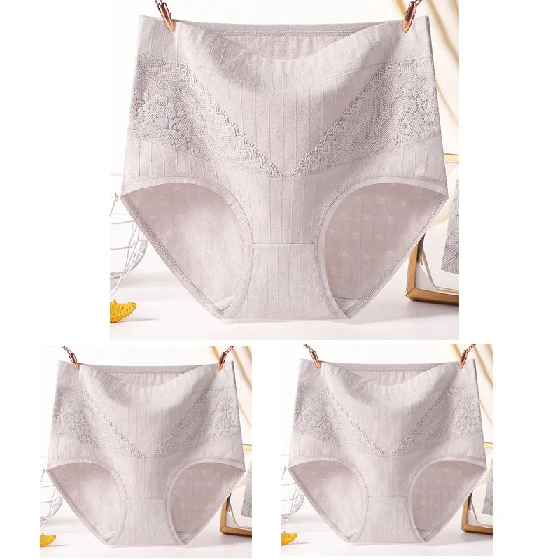 3pcs Cotton Women Panties Lady Plus Size Underwear Lace High Waist Briefs Breathable Solid Color Female Lingerie