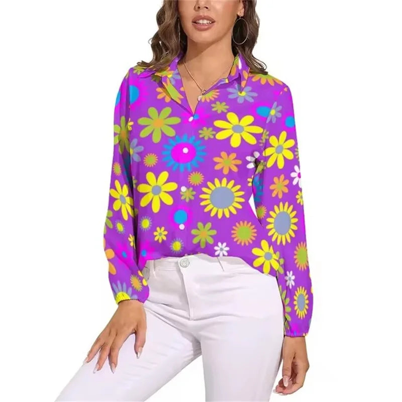 Bright Flower Power Blouse Retro Hippy Flowers Trendy Printed Blouses Female Long Sleeve Casual Shirts Spring Oversized Clothing