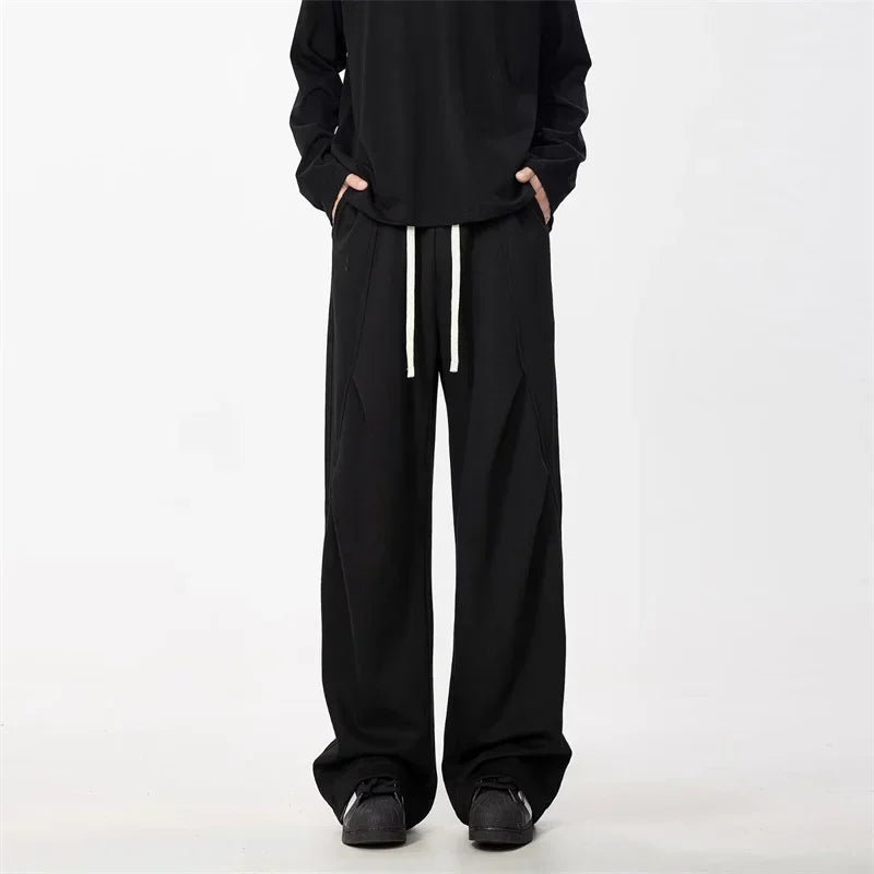 New Korean Fashion Pleated Wide-leg Sweatpants For Men Hip Hop Solid Color Baggy Pants Y2K Streetwear Gray Straight Trousers
