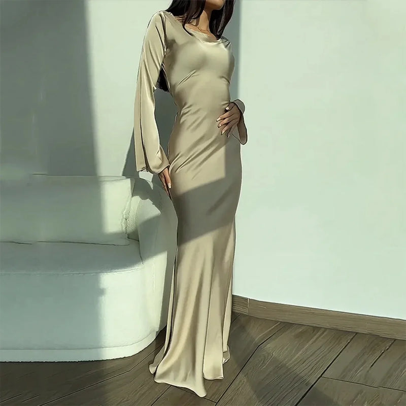 Fashionable new round neck long sleeved lace up solid color elegant waist cinching dress