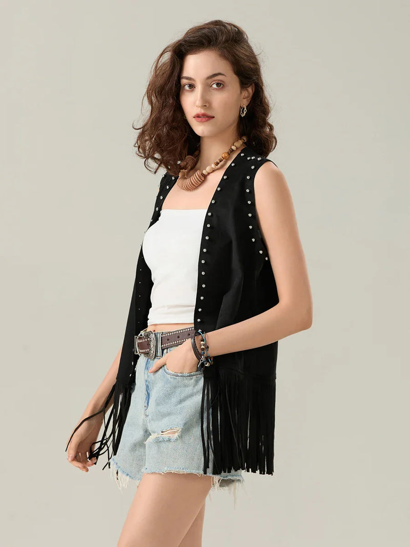 Women s Tassel Sleeveless Vest Rivet Open Front Sleeveless Long Jacket Hippie Streetwear