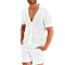 Men's Fashion Set Summer Little Hole Fabric Turn-down Neck Casual Solid Color Suit Male High-Quality Two-Piece Set US Size