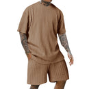 Men's crew neck T-shirt two-piece new style spring and summer striped yarn woven outdoor sports casual short-sleeved suit
