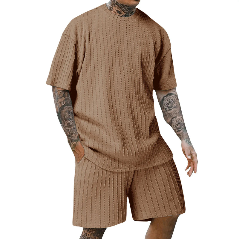 Men's crew neck T-shirt two-piece new style spring and summer striped yarn woven outdoor sports casual short-sleeved suit