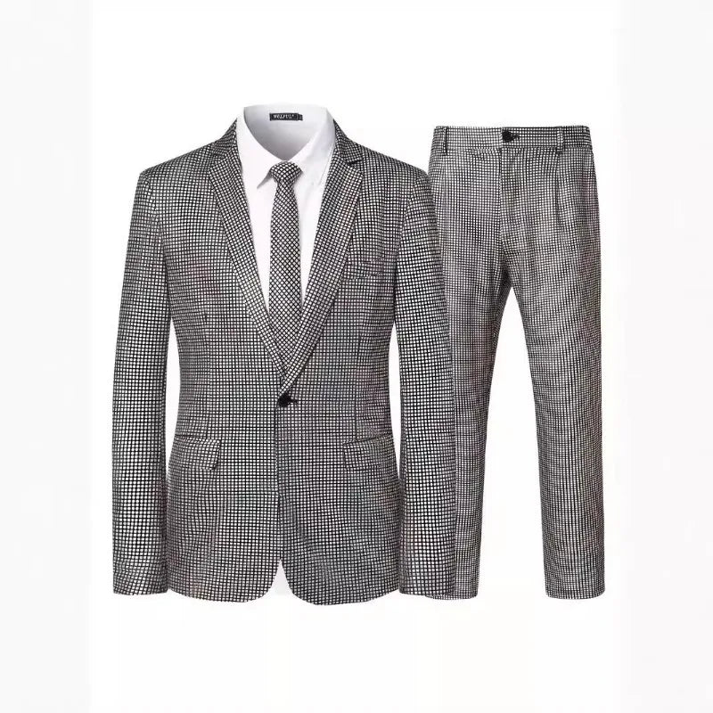 Men's Plaid Sequins Suit Wedding Ceremony Party Performance Dress Two-piece Suit