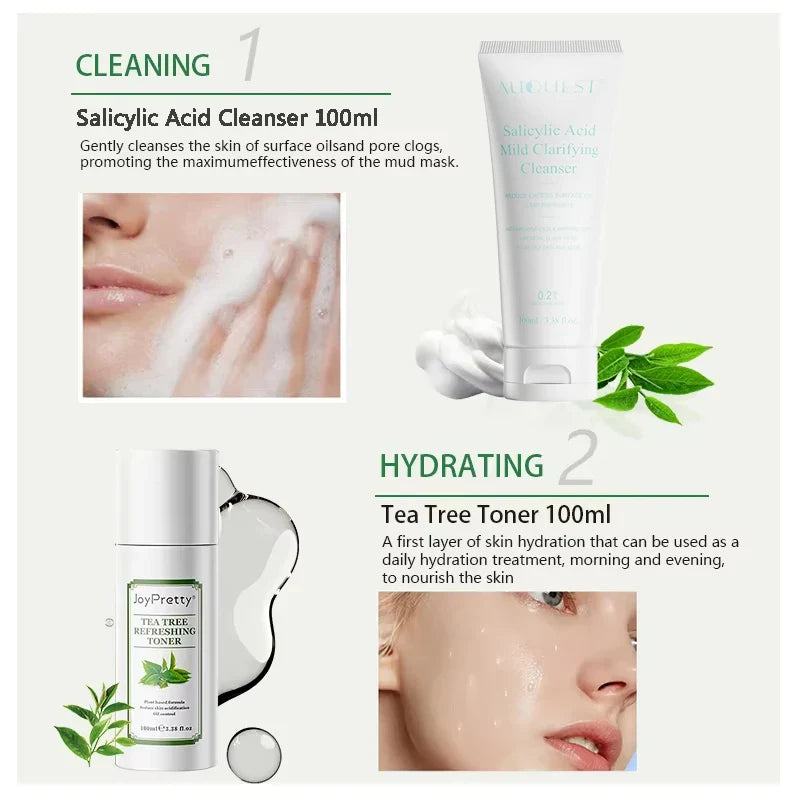 JoyPretty Acne Treatment Face Cream Tea Tree Serum Cleaning Pimple Acne Removal Repair Pores Korean Cosmetics Skin Care Kit 6pcs