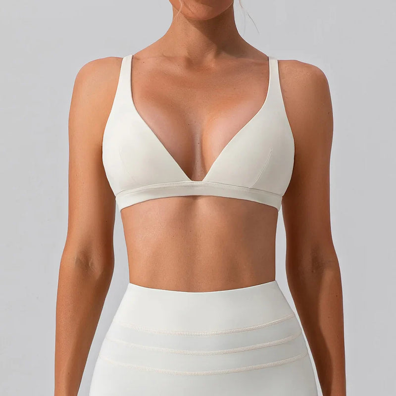 Women Soft Slimming Shockproof Quick Dry Supportive V Neck Running Bra Gym Sports Running Fitness Yoga Bra